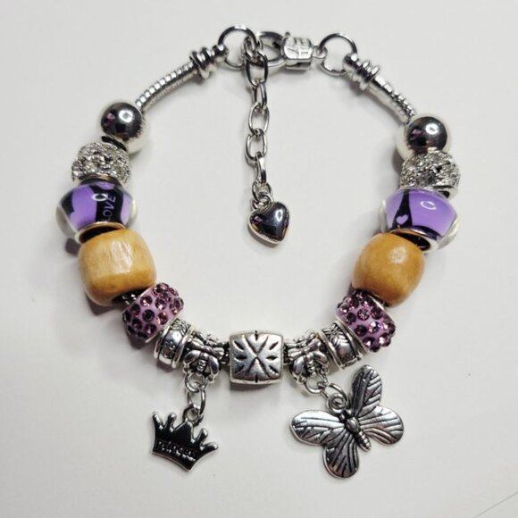 NWT Pandora Style Charm Bracelet Premium Purple Princess Crown Butterfly Sparkle - Picture 7 of 7